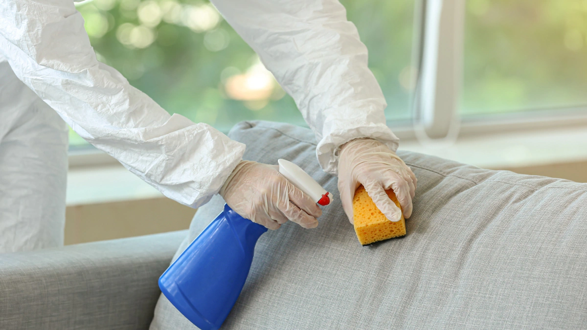 man removing biohazard from a sofa